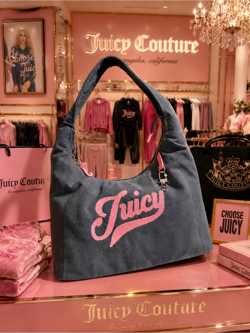 Juicy Couture Navy Canvas Shoulder Bag with Pink Logo